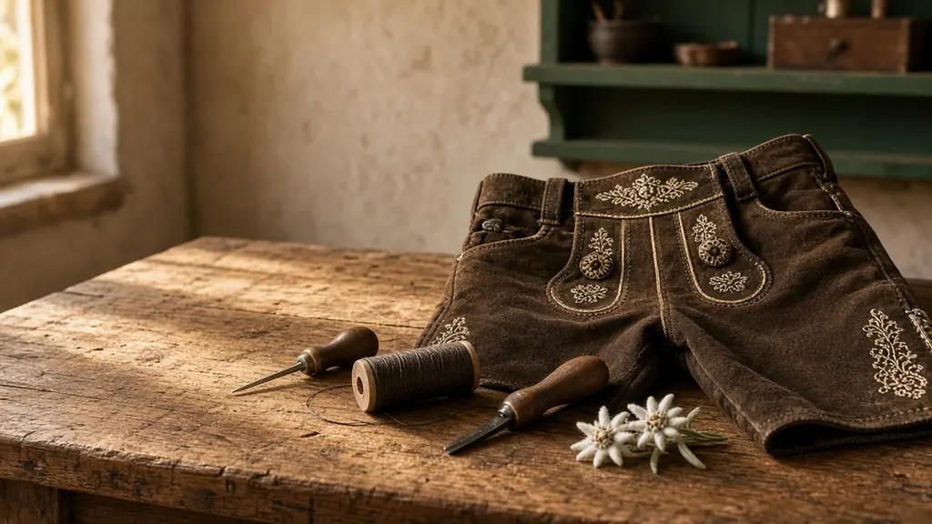 Embroidered suede lederhosen on a wooden workbench with an awl, waxed thread and edelweiss