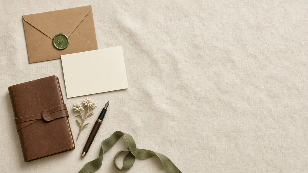 Kraft envelope with a green wax seal, notecard, leather notebook and edelweiss on linen