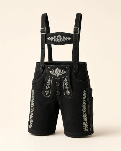 Alpspitze black deerskin men's lederhosen shorts, front view with silver hand-embroidered alpine flowers