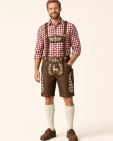 Man in his thirties wearing the Geigelstein walnut brown lederhosen with a red checked Trachten shirt, full-length front