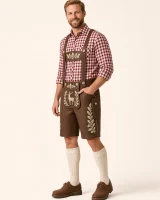 Three-quarter side view of the Geigelstein walnut brown lederhosen on a man in his thirties, thumb in the suspender