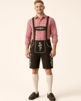 Man in his twenties wearing the Hochgern espresso lederhosen with a red gingham Trachten shirt, full-length front