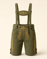 Iller set olive green cow suede lederhosen, front view with embroidered H-bar