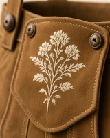 Close-up of ivory alpine flowers and buttons on the cognac cow suede of the Kampenwand