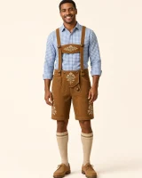 Man in his thirties wearing the Kampenwand cognac lederhosen with a light-blue checked Trachten shirt, full-length front