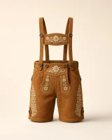 Leitzach set cognac cow suede lederhosen, front view with embroidered H-bar