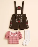 Flat-lay of the Regen set: dark brown lederhosen, red gingham Trachten blouse, white knee socks