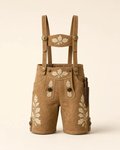 Schinder honey brown deerskin men's lederhosen shorts, front view with cream hand-stitched oak leaves and acorns