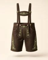 Traun set dark brown deerskin lederhosen, front view with embroidered H-bar