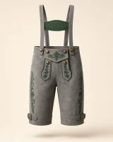 Weissach set smoke grey cow suede bundhosen, front view with embroidered H-bar