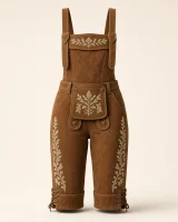 Weitsee cognac suede women's knee-length lederhosen, front view with cream cream leaf garlands