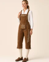 Woman in the Weitsee knee-length lederhosen, three-quarter side view of fit and suspenders