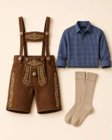 Flat-lay of the Wertach set: chestnut lederhosen, navy micro-check Trachten shirt, beige knee socks