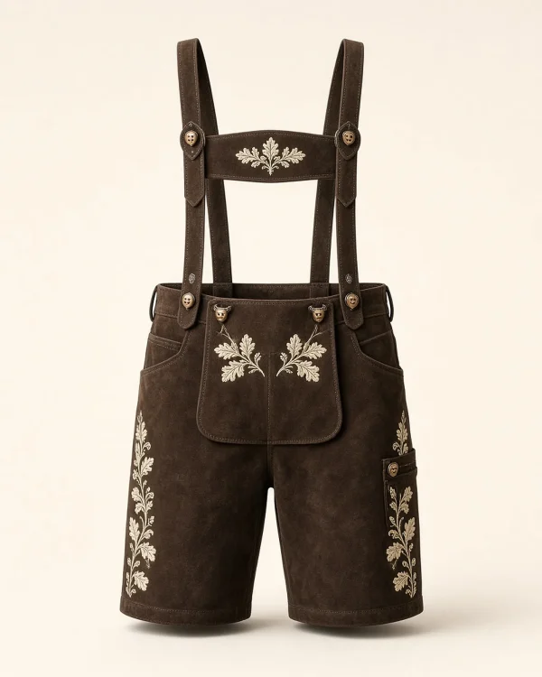 Zugspitze dark brown cow suede men's lederhosen shorts, front view with cream oak-leaf sprays